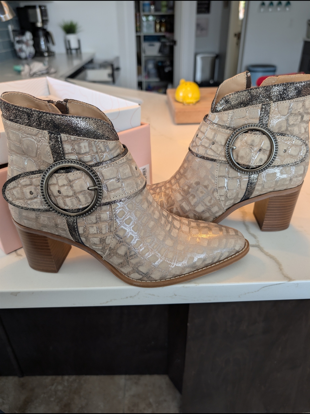 Croc-Embossed Ankle Boots with Decorative Buckle